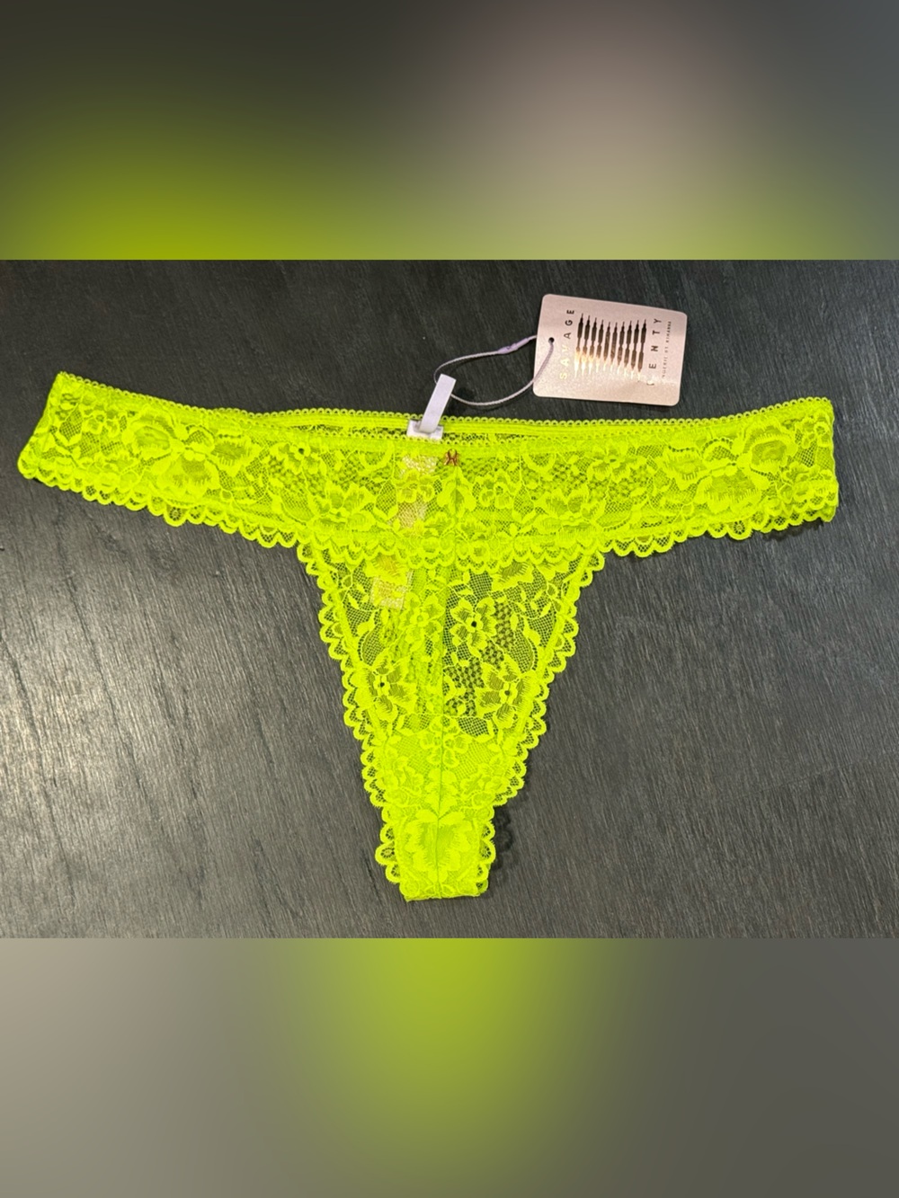 New Savage X Fenty Lingerie Neon Lime Lace Thong Panty XL